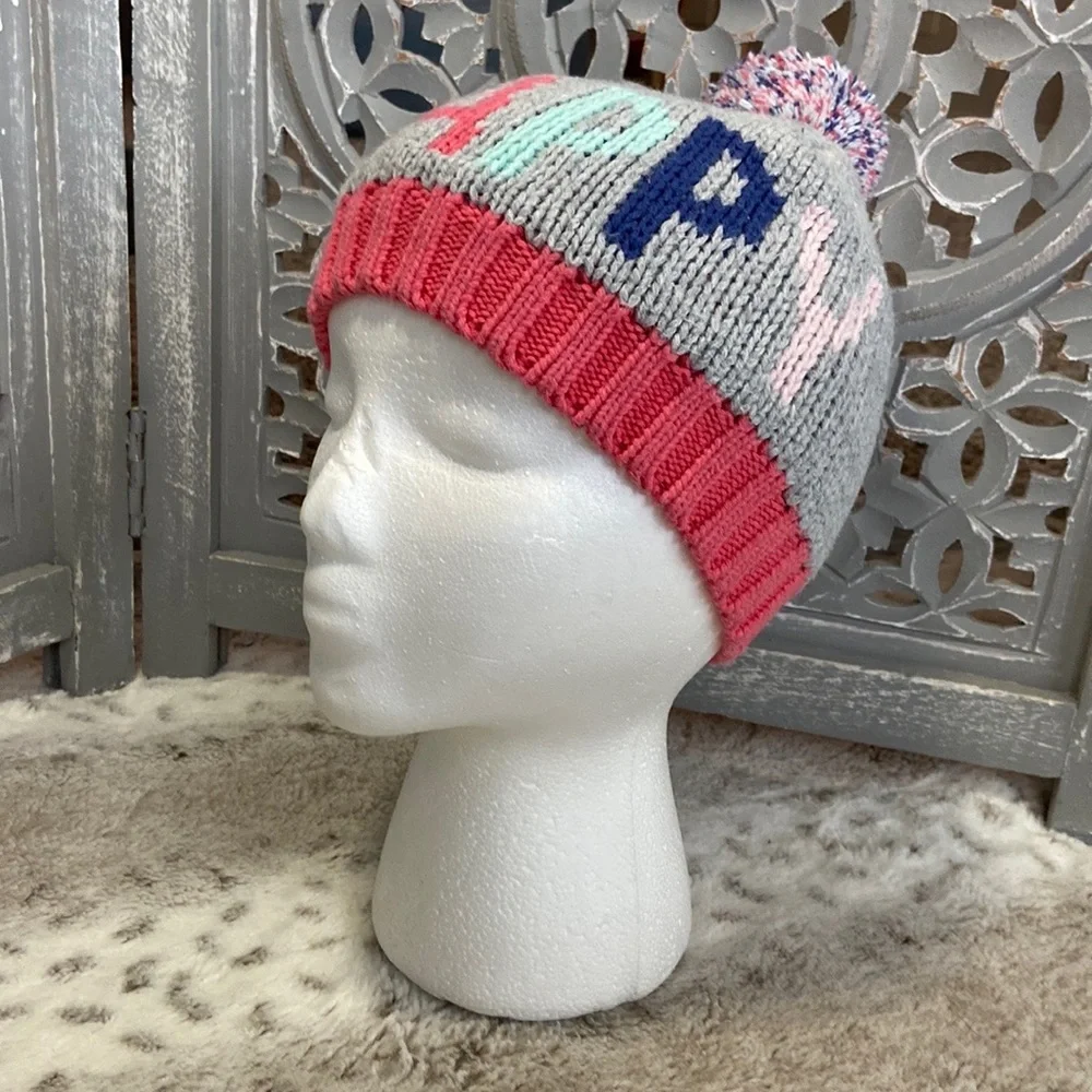 Gymboree gray knit beanie HAPPY girls small rainbow pastel Softgirl girlhoodcore